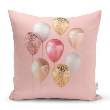Pembe Zeminli Balonlar Desenli Yastık Kırlent Kılıfı