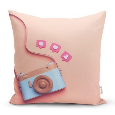 3D Instagram Fotoğraf Makinası Desenli Dijital Baskılı Yastık Kırlent Kılıfı