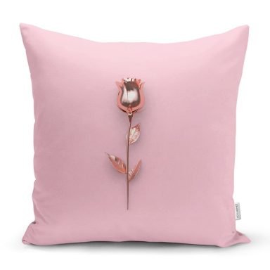 Pembe Zeminli Altın Gül 3D Baskılı Yastık Kırlent Kılıfı