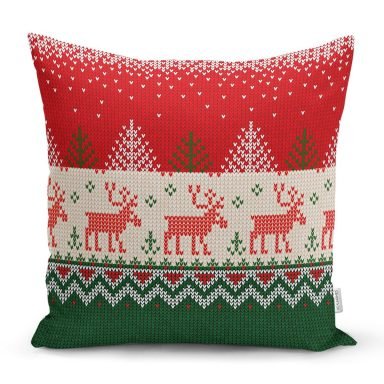 Yılbaşı Geyikleri ve Ağaçlar Baskılı Dekoratif Yastık Kırlent Kılıfı