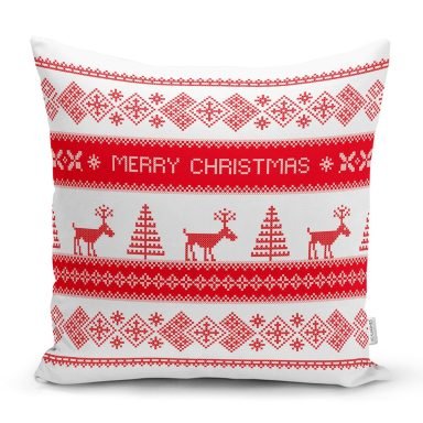 Merry Christmas Kanaviçe Görünümlü Geyikler Baskılı Yastık Kırlent Kılıfı