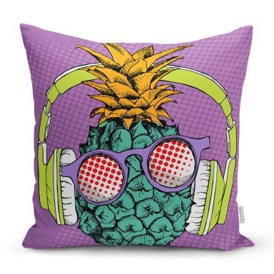 Mor Zeminde Tropikal Ananas Desenli Dijital Baskılı Kırlent Kılıfı