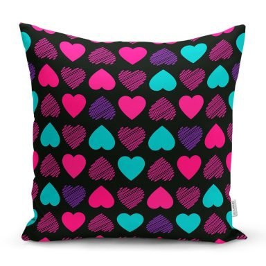 Siyah Zeminde Kalpler Özel Tasarımlı Dekoratif Yastık Kırlent Kılıfı