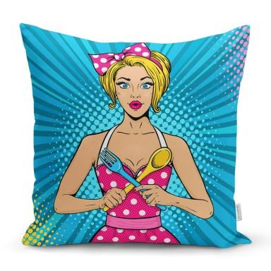 Mavi Zemini Popart Girl Desenli Dekoratif Yastık Kırlent Kılıfı