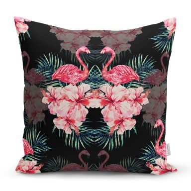Siyah Zeminde Lilyum ve Flamingo Özel Tasarım Yastık Kırlent Kılıfı