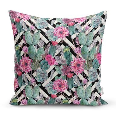Geometrik Zeminde Çiçek ve Kaktüsler Özel Tasarım Yastık Kırlent Kılıfı