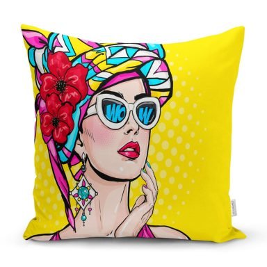 Sarı Zeminli Summer Popart Tasarımlı Dekoratif Yastık Kırlent Kılıfı