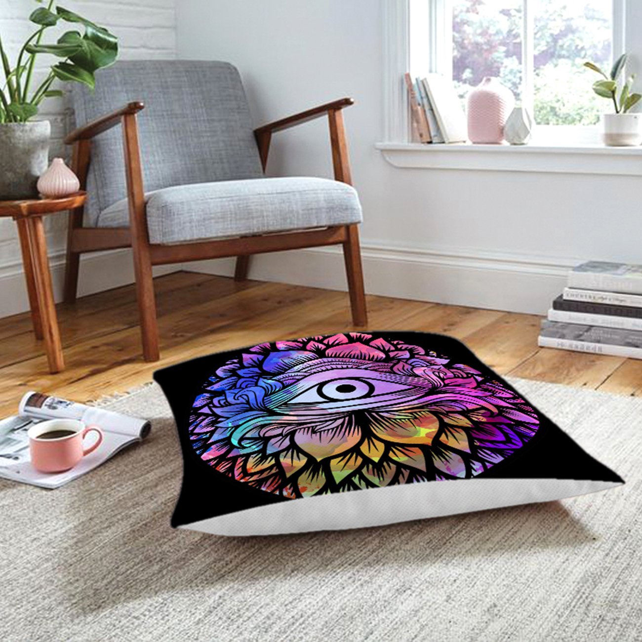 Rh-Yer-5009siyah-RealHomes-Siyah-Zeminde-Renkli-Üçüncü-Göz-Motifli-Yer-Minderi