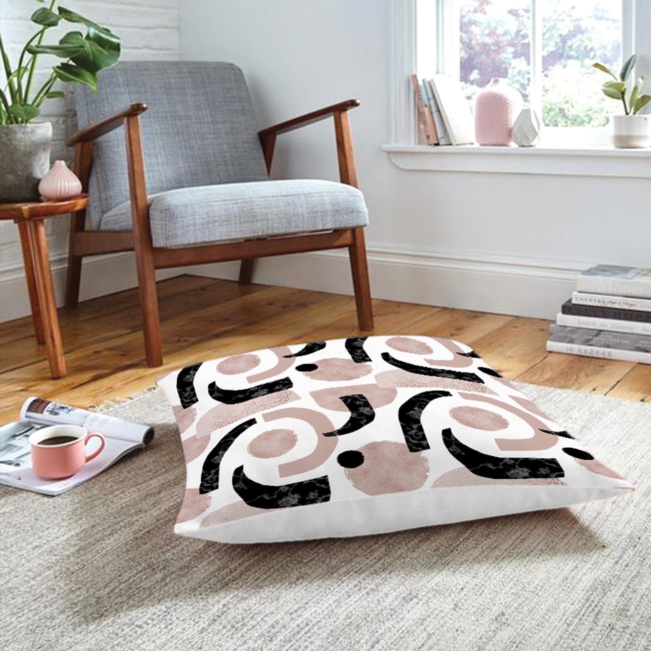 Rh-Yer-5309-Beyaz-Zeminde-Soyut-Geometrik-Çizim-Motifli-Yer-Minderi