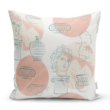 Renkli Zeminde Onedraw Antik Çizimli Dijital Baskılı Modern Yastık Kırlent Kılıfı