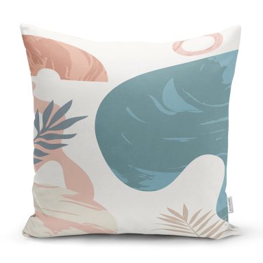 Beyaz Zeminde Onedraw Çizimli Yaprak Desenli Dijital Baskılı Modern Yastık Kılıfı