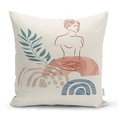 Renkli Zeminde Antik Motifli Onedraw Çizim Dijital Baskılı Modern Kırlent Kılıfı