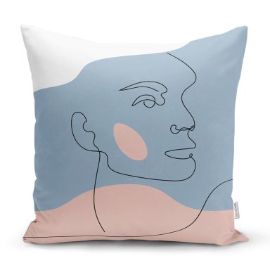 Renkli Zeminde Onedraw Çizimli Bayan Silüeti Dijital Baskılı Modern Yastık Kılıfı