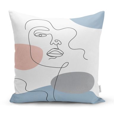 Renkli Zeminde Onedraw Çizimli Bayan Silüeti Dijital Baskılı Modern Yastık Kılıfı