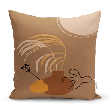 Renkli Zeminde Onedraw Çizimli Vazo Temalı Dijital Baskılı Modern Kırlent Kılıfı