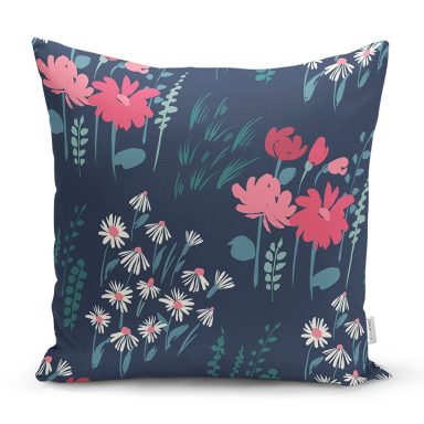 Renkli Zeminde Onedraw Çizimli Çiçek Desenli Dijital Baskılı Modern Yastık Kılıfı