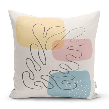 Renkli Zeminde Onedraw Çizimli Yaprak Desenli Dijital Baskılı Modern Yastık Kılıfı