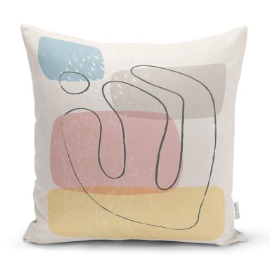 Renkli Zeminde Onedraw Çizimli Obje Dijital Baskılı Modern Yastık Kırlent Kılıfı