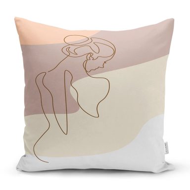 Renkli Zeminli Onedraw Çizimli Bayan Desenli Dijital Baskılı Modern Kırlent Kılıfı