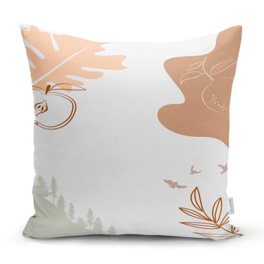 Beyaz Zeminli Onedraw Çizimli Yaprak Motifli Dijital Baskılı Modern Kırlent Kılıfı