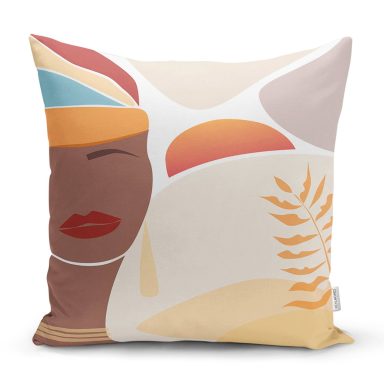 Renkli Zeminli Afrika Kadın Temalı Onedraw Çizim Modern Yastık Kırlent Kılıfı