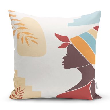 Renkli Zeminli Afrika Kadın Temalı Onedraw Çizim Modern Yastık Kırlent Kılıfı