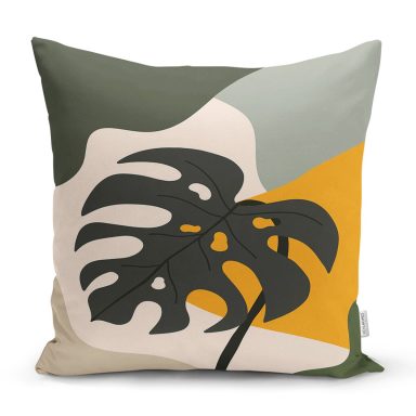 Renkli Zeminli Onedraw Çizimli Yaprak Desenli Dijital Baskılı Modern Yastık Kılıfı