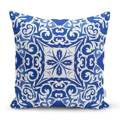 Beyaz Zeminli Çini Desenli Dijital Baskılı Modern Yastık Kırlent Kılıfı