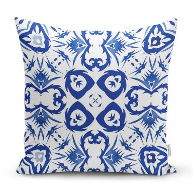 Beyaz Zeminli Çini Desenli Dijital Baskılı Modern Yastık Kırlent Kılıfı