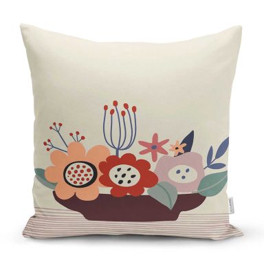 Renkli Zeminli Onedraw Çizimli Çiçek Desenli Dijital Baskılı Modern Kırlent Kılıfı