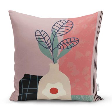 Renkli Zeminli Onedraw Çizimli Vazo Çiçek Yastık Kırlent Kılıfı