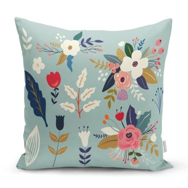 Renkli Zeminli Renkli Çiçek Desenli Dijital Baskılı Modern Yastık Kırlent Kılıfı