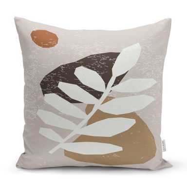 Renkli Zemin Üzerinde Onedraw Çizimli Yaprak Desenli Yastık Kırlent Kılıfı