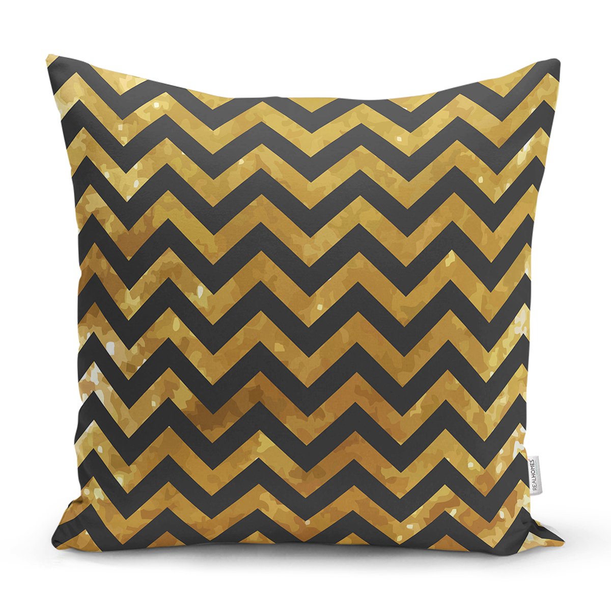 K7549-Siyah-Zemin-Üzerinde-Gold-Renkli-Zigzag-Desenli-Modern-Yastık-Kırlent-Kılıfı