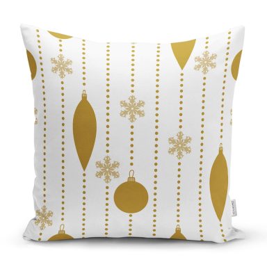 Beyaz Zemin Üzerinde Gold Renkli Yılbaşı Temalı Modern Yastık Kırlent Kılıfı