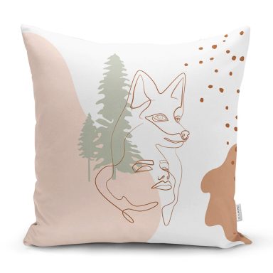 Beyaz Zemin Üzerinde Onedraw Çizimli Bayan Silüeti Modern Yastık Kırlent Kılıfı