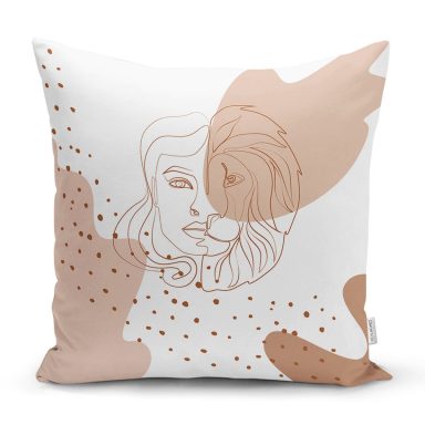 Beyaz Zemin Üzerinde Onedraw Çizimli Bayan Silüeti Modern Yastık Kırlent Kılıfı