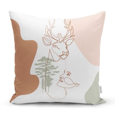 Pastel Zeminli Onedraw Çizimli Bayan Silüeti Dijital Baskılı Modern Kırlent Kılıfı