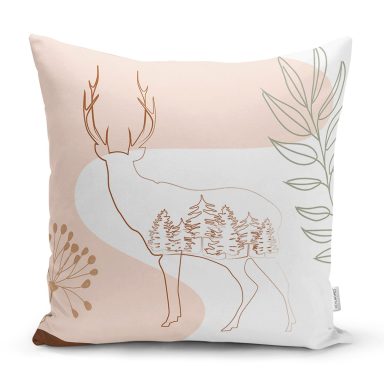 Renkli Zeminli Onedraw Çizimli Geyik Desenli Dijital Baskılı Modern Kırlent Kılıfı