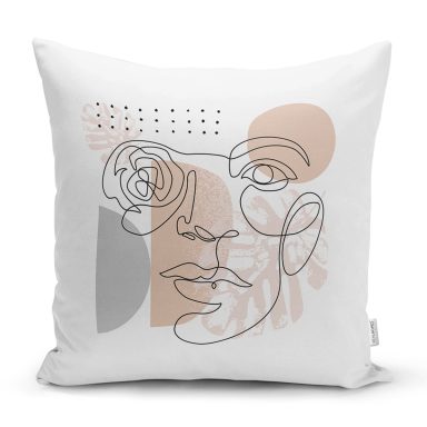 Beyaz Zemin Üzerinde Onedraw Çizimli Bayan Silüeti Modern Yastık Kırlent Kılıfı
