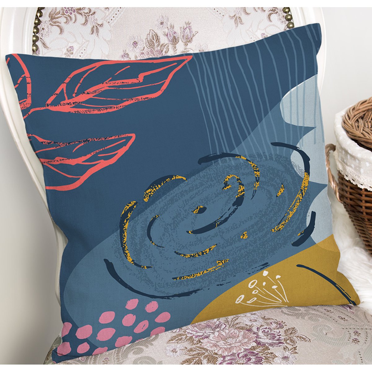 K8093-Renkli-Zemin-Üzerinde-Pastel-Renkli-Yaprak-Desenli-Modern-Yastık-Kırlent-Kılıfı-1