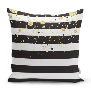 Beyaz Zemin Üzerinde Siyah Çizgili Gold Detaylı Modern Yastık Kırlent Kılıfı