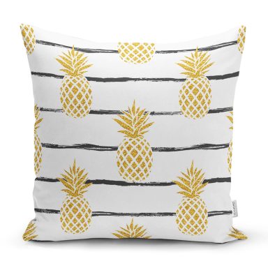 Beyaz Zemin Üzerinde Gold Renkli Ananas Desenli Modern Yastık Kırlent Kılıfı
