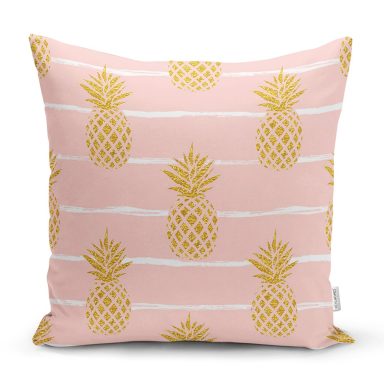Pastel Zemin Üzerinde Gold Renkli Anans Desenli Modern Yastık Kırlent Kılıfı
