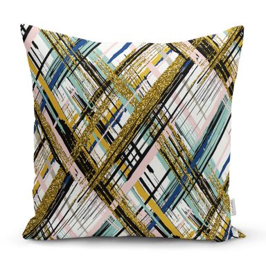 Beyaz Zemin Üzerinde Gold Detaylı Geometrik Desenli Yastık Kırlent Kılıfı