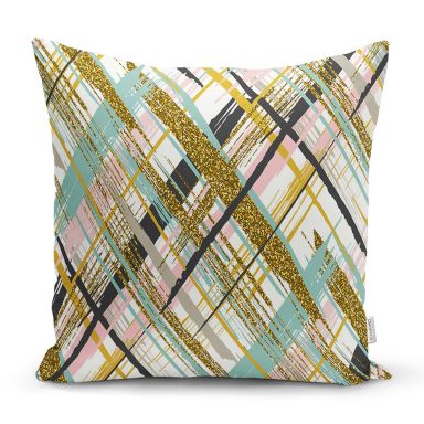 Beyaz Zemin Üzerinde Gold Detaylı Geometrik Desenli Yastık Kırlent Kılıfı