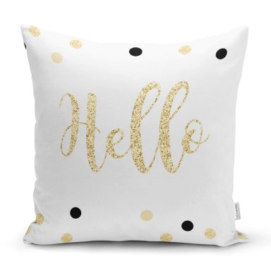 Beyaz Zemin Üzerinde Gold Detaylı Hello Yazılı Modern Yastık Kırlent Kılıfı