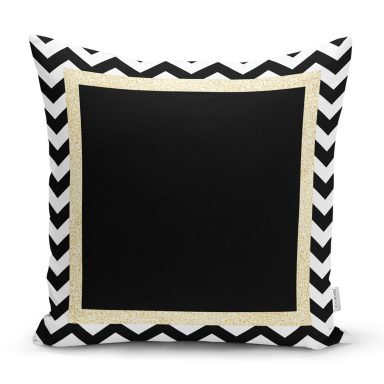 Beyaz Zemin Üzerinde Gold Detaylı Siyah Zigzag Desenli Yastık Kırlent Kılıfı
