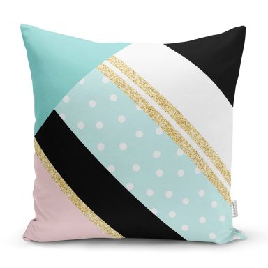 Renkli Zemin Üzerinde Gold Detaylı Geometrik Çizimli Yastık Kırlent Kılıfı