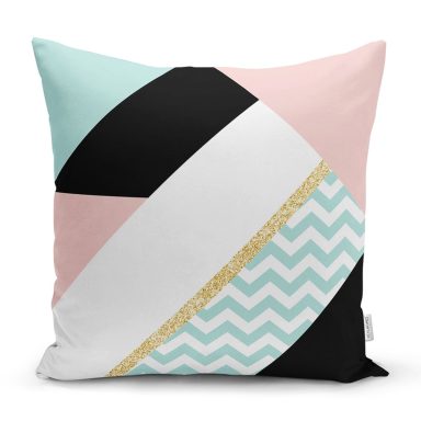 Renkli Zemin Üzerinde Gold Detaylı Geometrik Çizimli Yastık Kırlent Kılıfı